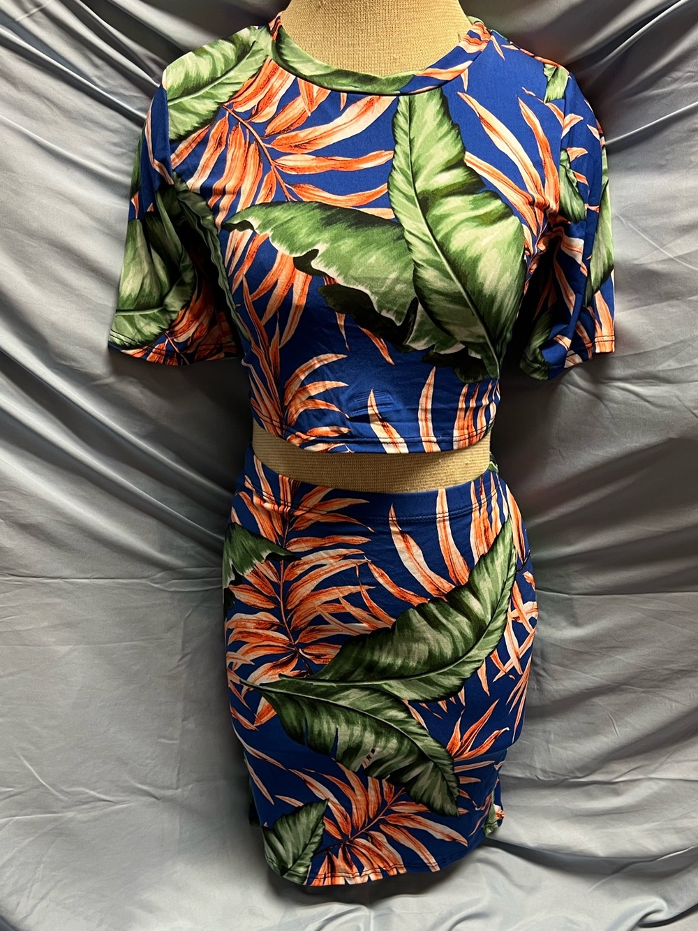 Tropical Leaf Print Two-Piece Set - Blue & Green